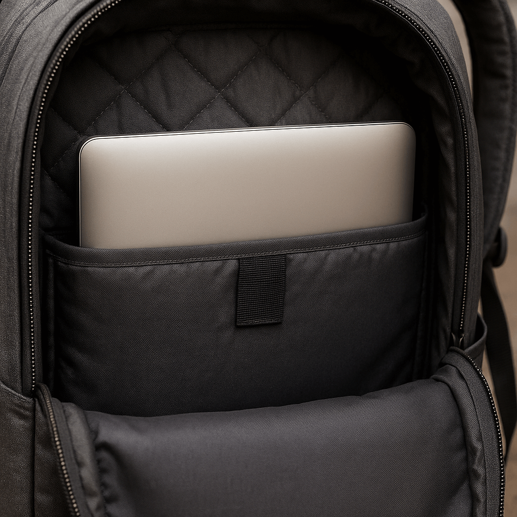Close-up view highlighting backpack features like padded straps, laptop sleeve, and organizational pockets