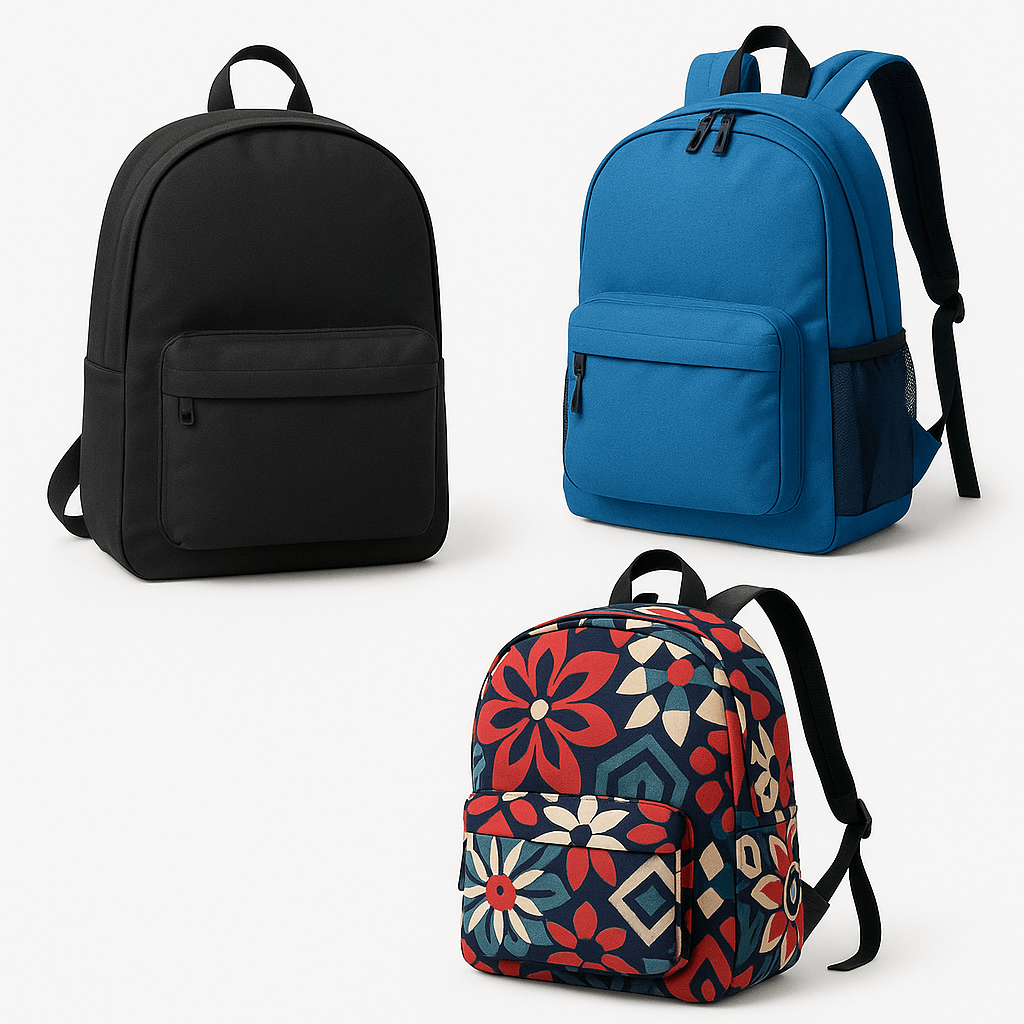 Collage showing different backpack styles: minimalist, sporty, patterned