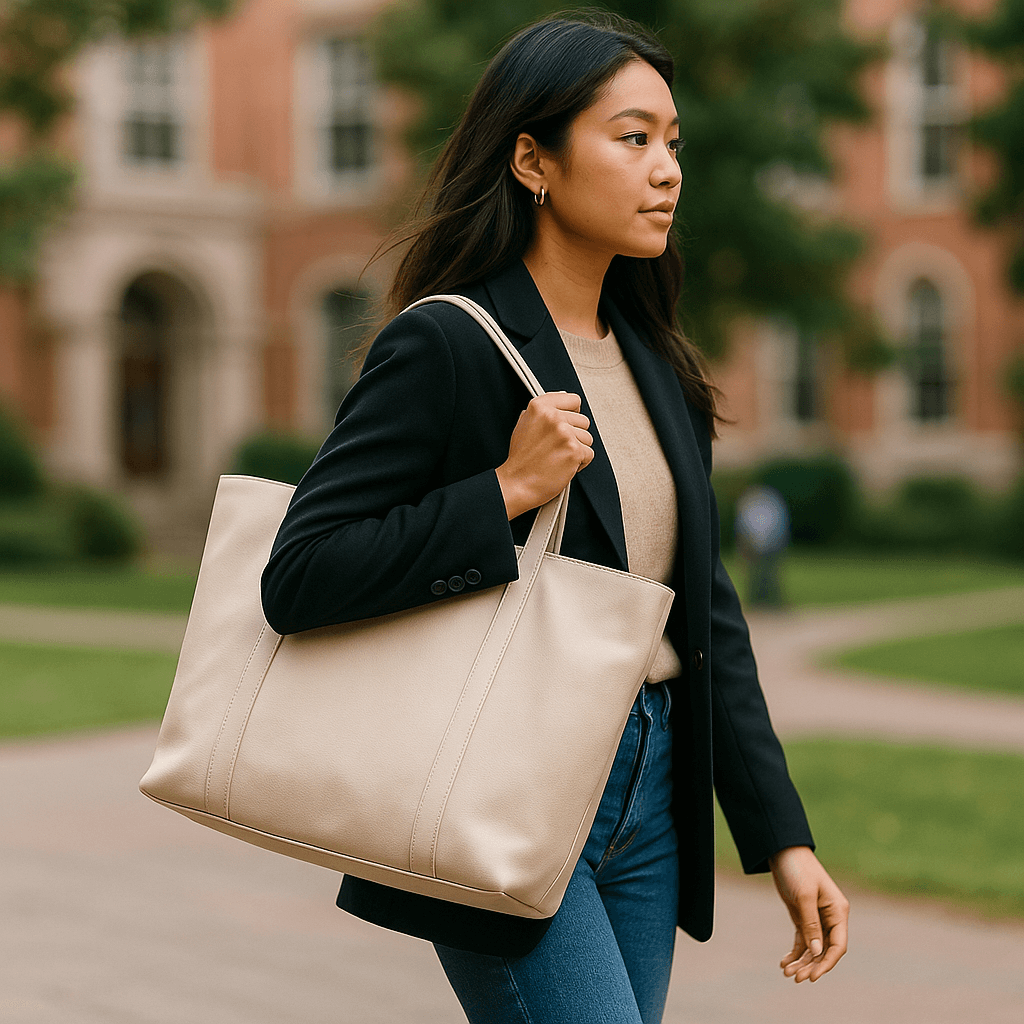 A stylish student carrying a fashion tote bag instead of a traditional backpack