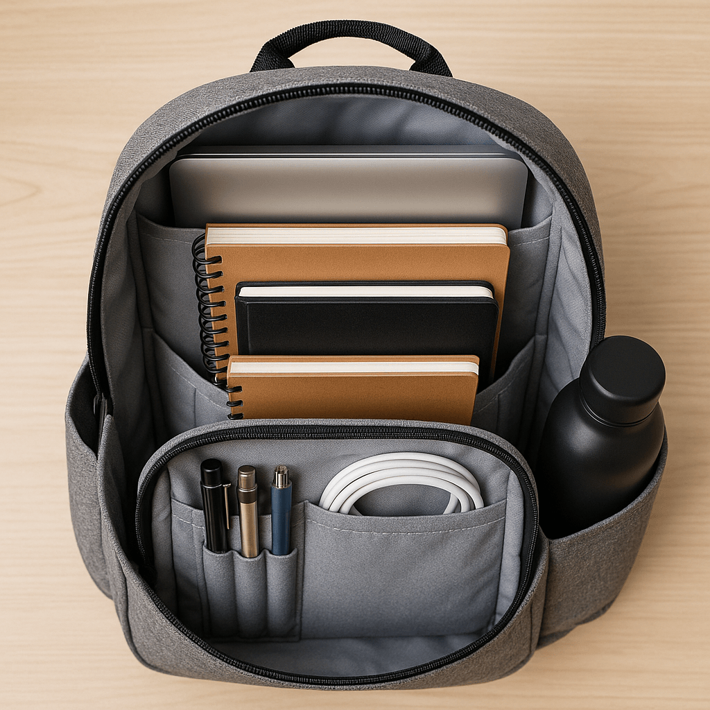 View inside a well-organized backpack with items neatly placed in compartments and pouches
