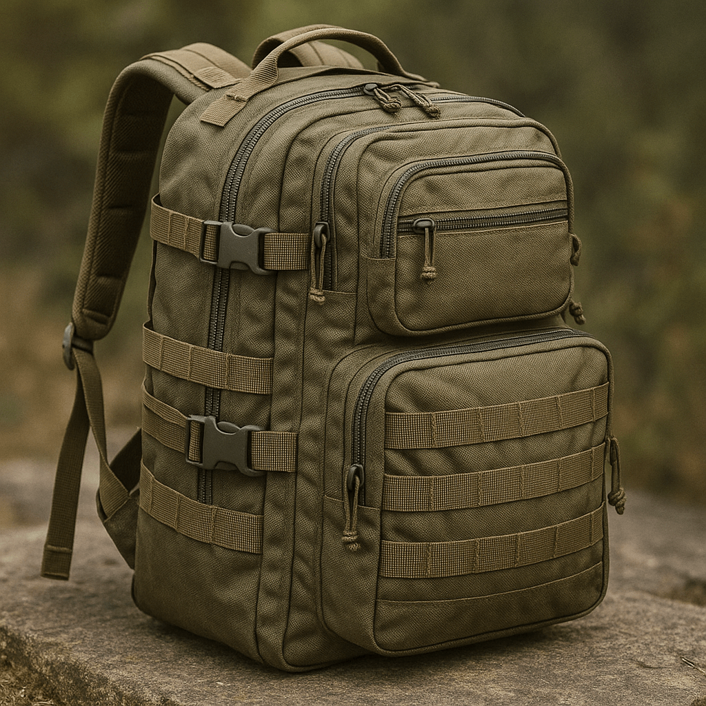 A durable outdoor-style backpack with multiple attachment points