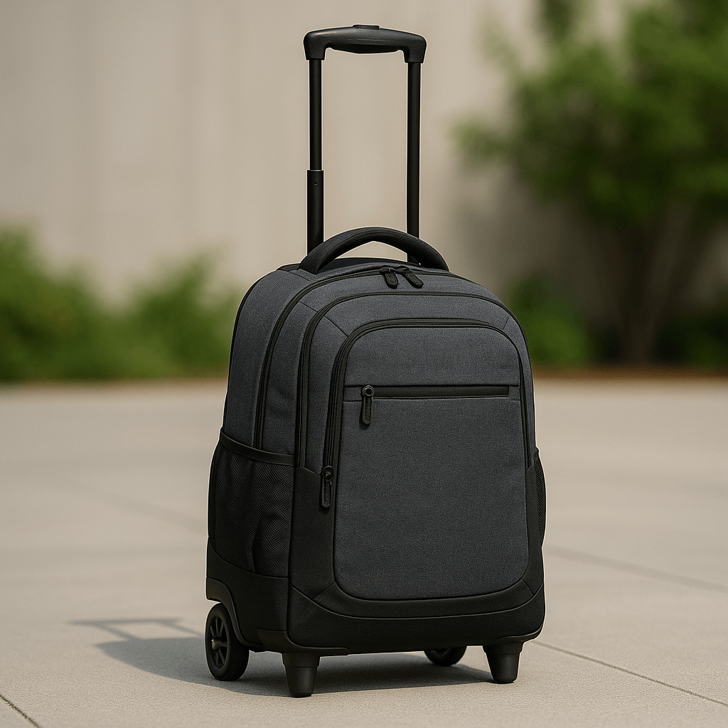A rolling backpack with its handle extended, ready for transport