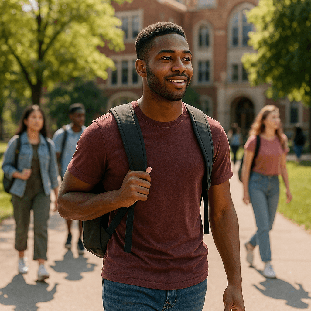 Student walking comfortably on campus with a well-fitting backpack