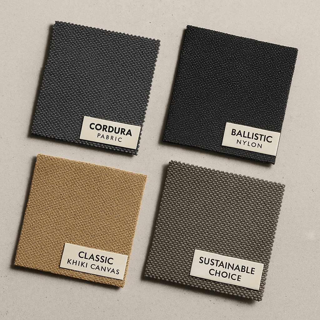 A flat lay of various backpack fabric swatches including Cordura, nylon, and sustainable RPET material