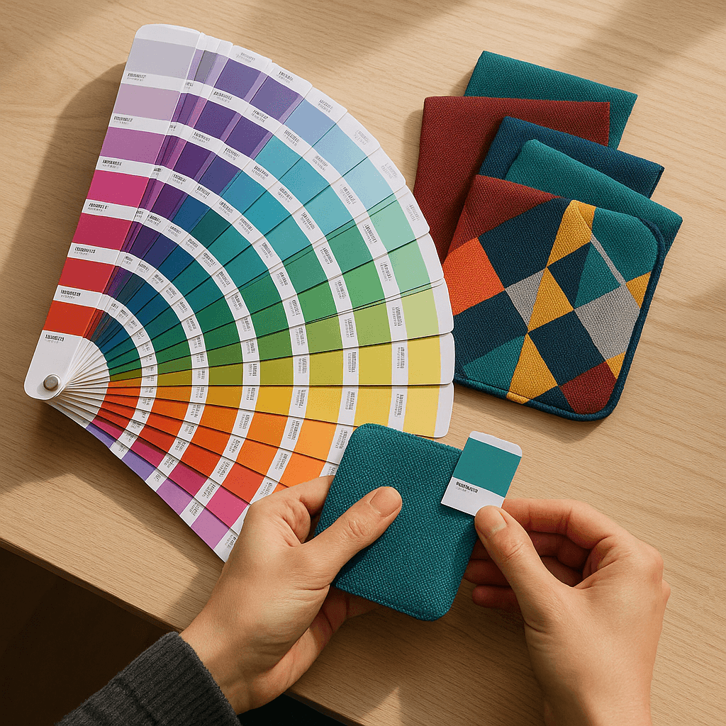 A designer comparing backpack fabric to a Pantone color swatch book