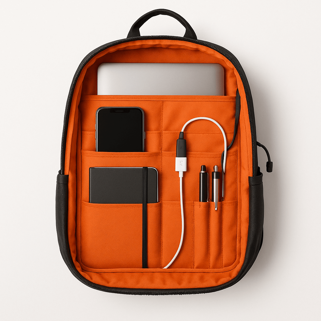 Top-down view of an open backpack with a neatly organized interior showing a laptop and other accessories