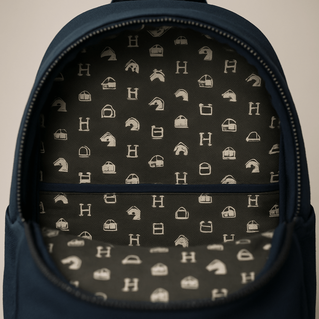 View inside a backpack showing a custom-printed interior lining with a brand pattern