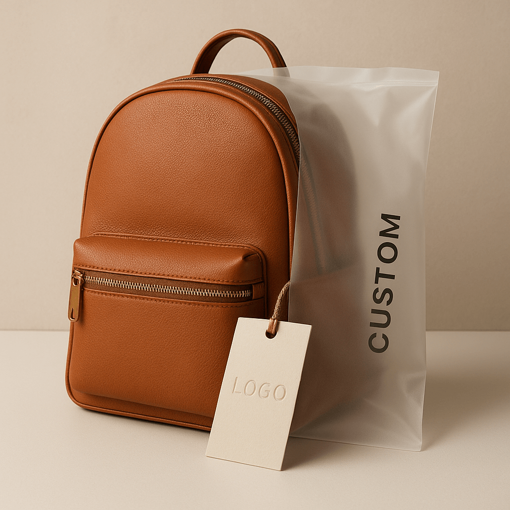 A finished custom backpack with its branded hangtag and retail packaging
