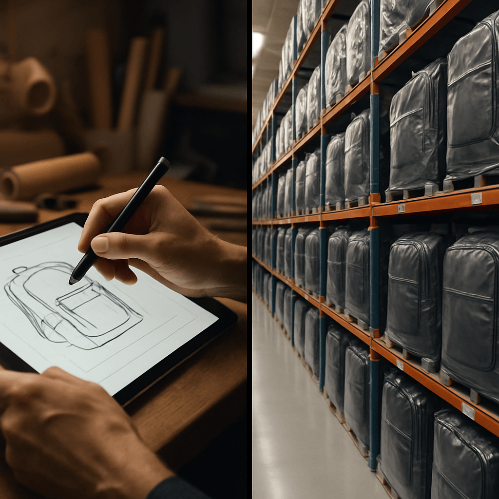 A split-screen image comparing the custom backpack process, showing a designer's desk with sketches, against the stock backpack process, showing finished bags on warehouse shelves.